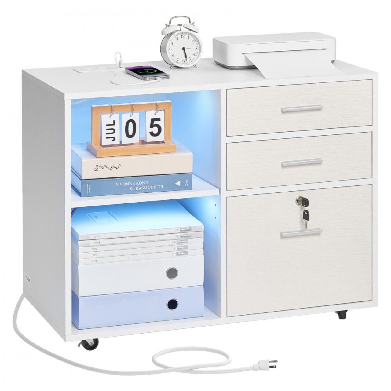 White 3-Drawer Lockable Wooden File Cabinet with Power Strip and Adjustable Shelves on Wheels